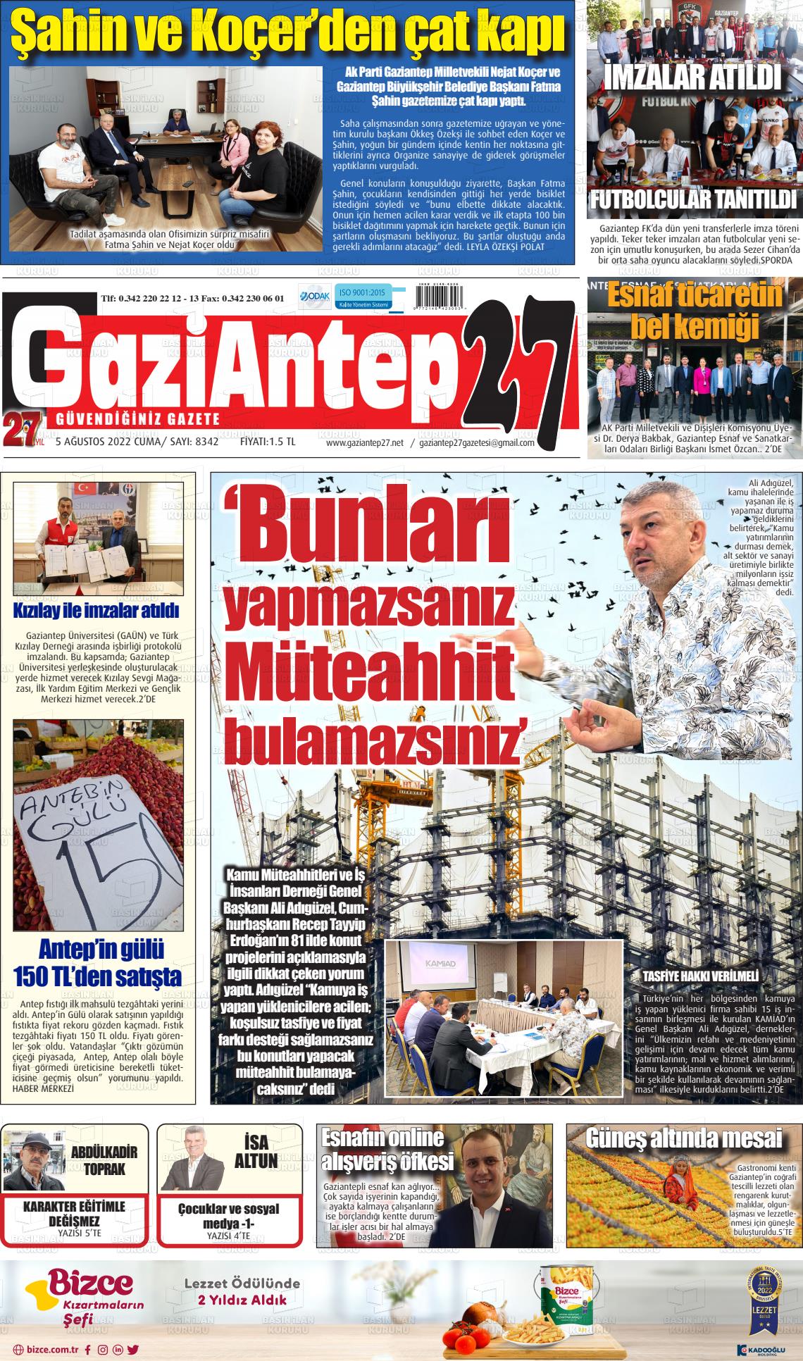 05 Ağustos 2022 Gaziantep 27 Gazete Manşeti