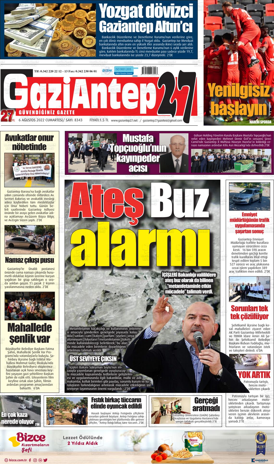 06 Ağustos 2022 Gaziantep 27 Gazete Manşeti