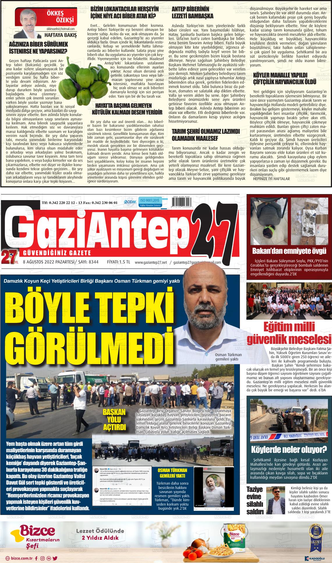 08 Ağustos 2022 Gaziantep 27 Gazete Manşeti