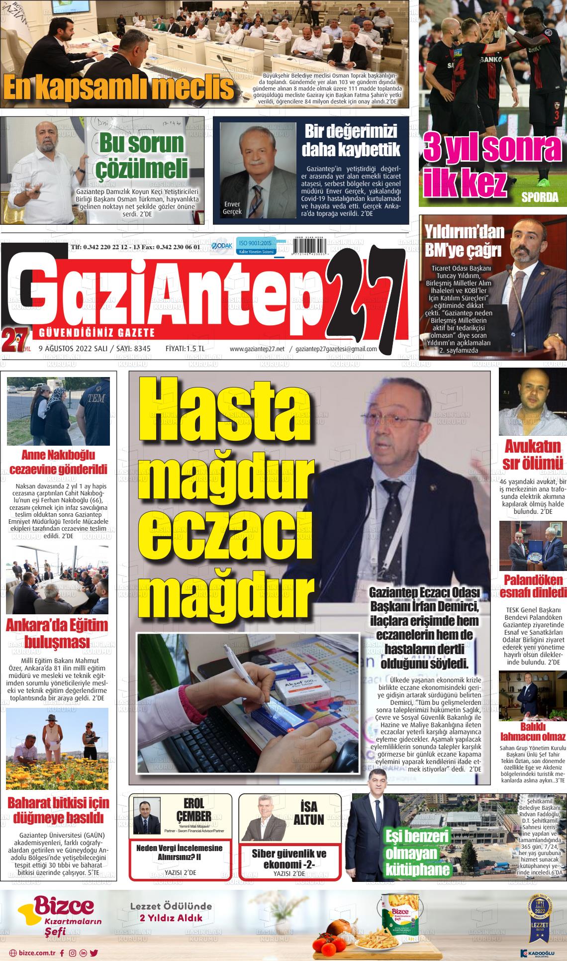 09 Ağustos 2022 Gaziantep 27 Gazete Manşeti