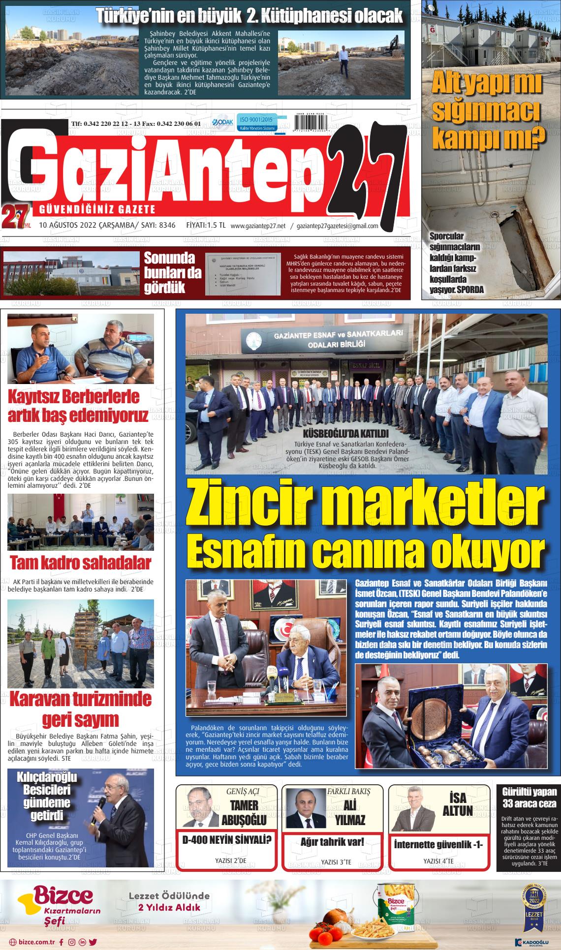 10 Ağustos 2022 Gaziantep 27 Gazete Manşeti