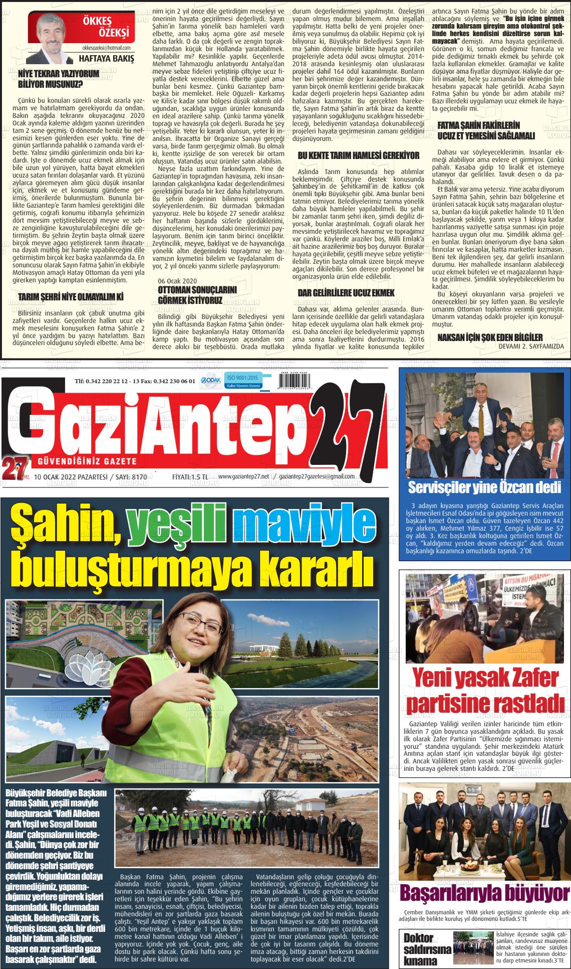 10 Ocak 2022 Gaziantep 27 Gazete Manşeti