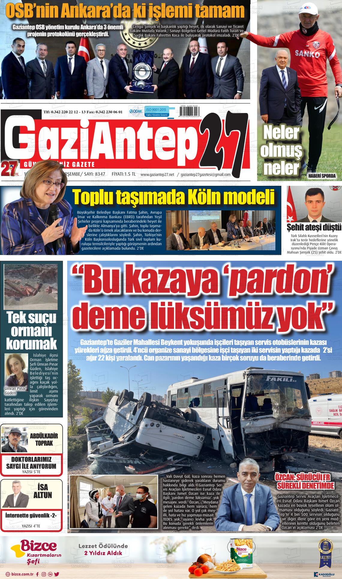 11 Ağustos 2022 Gaziantep 27 Gazete Manşeti
