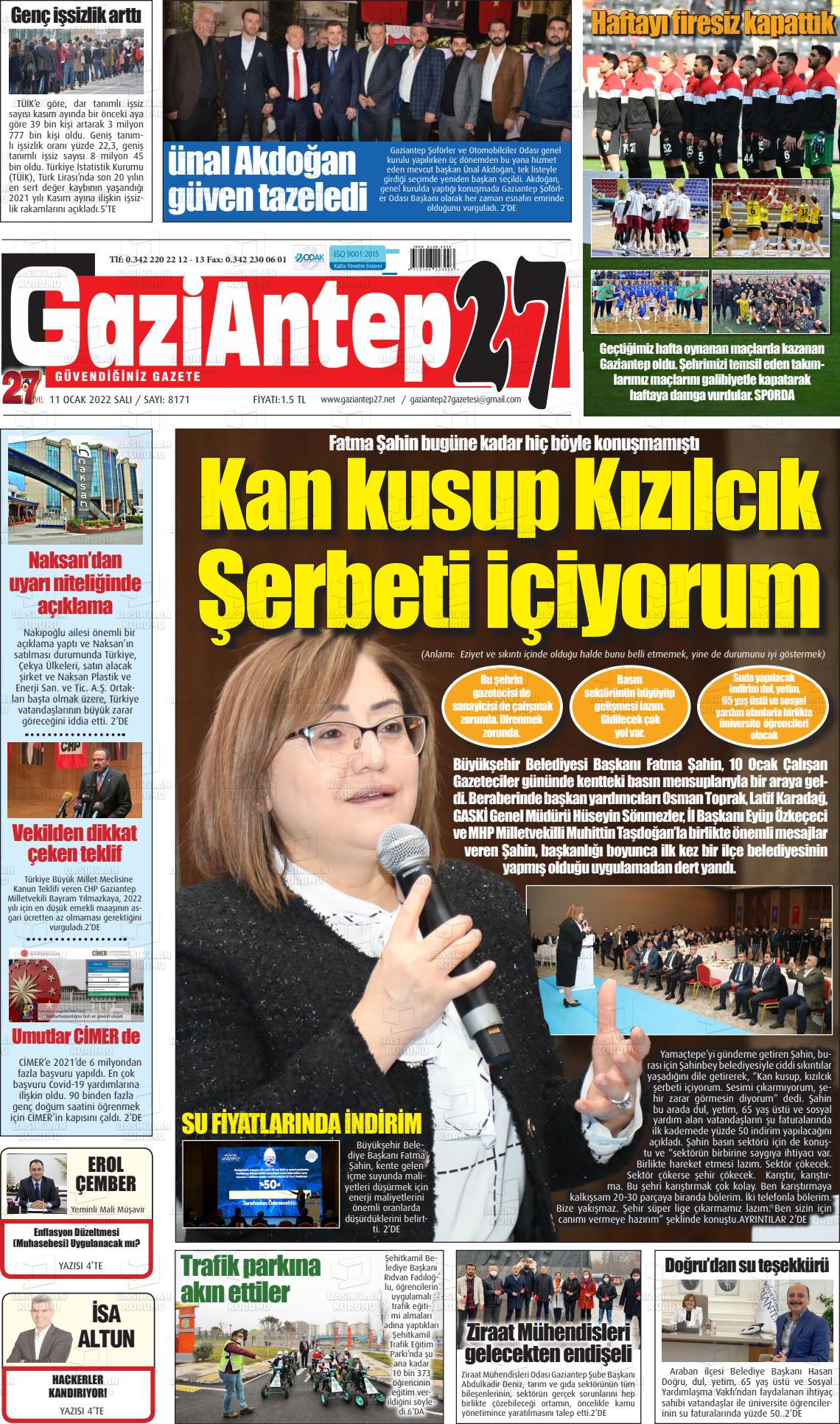 11 Ocak 2022 Gaziantep 27 Gazete Manşeti