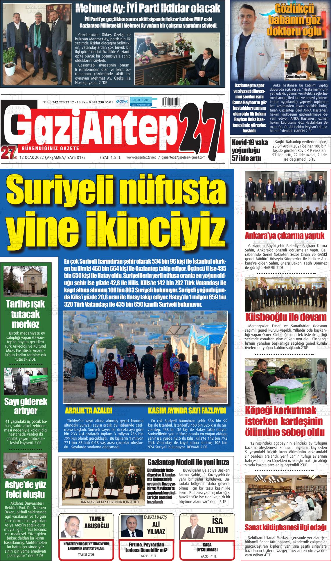 12 Ocak 2022 Gaziantep 27 Gazete Manşeti