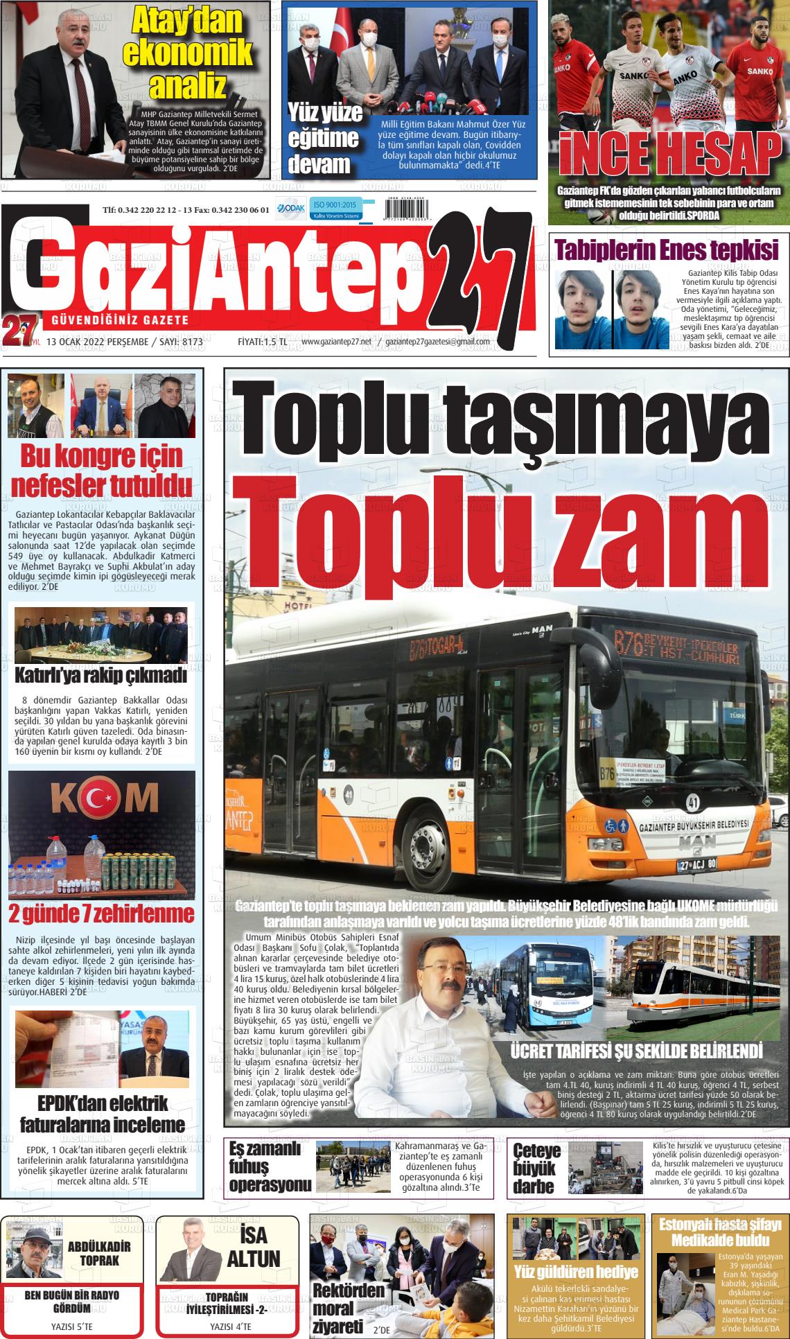 13 Ocak 2022 Gaziantep 27 Gazete Manşeti