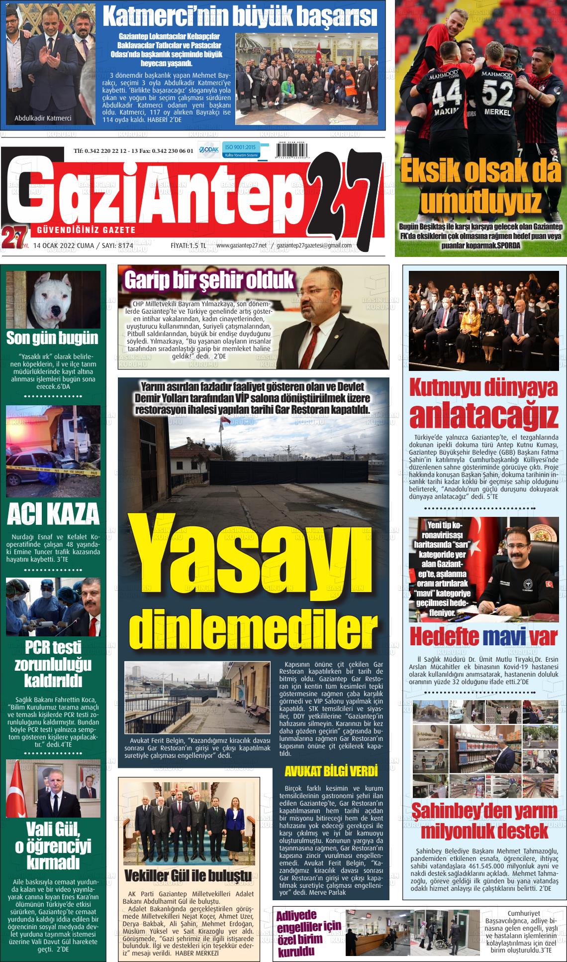 14 Ocak 2022 Gaziantep 27 Gazete Manşeti
