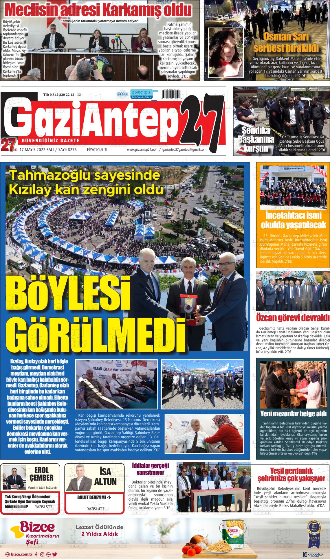 17 Mayıs 2022 Gaziantep 27 Gazete Manşeti