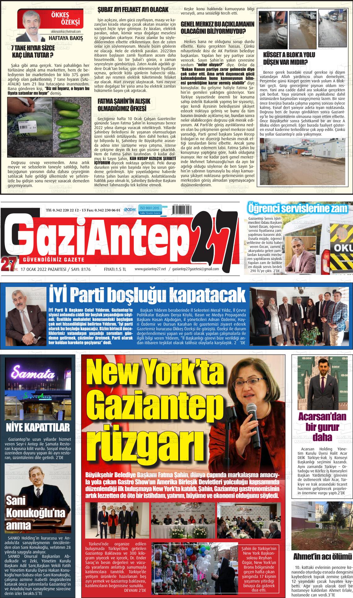 17 Ocak 2022 Gaziantep 27 Gazete Manşeti