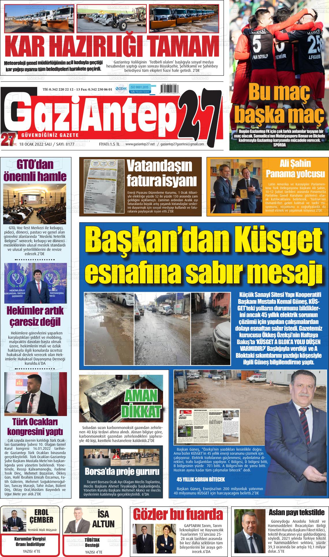 18 Ocak 2022 Gaziantep 27 Gazete Manşeti