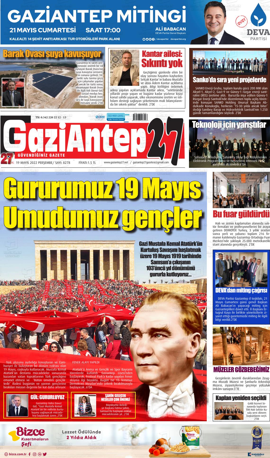 19 Mayıs 2022 Gaziantep 27 Gazete Manşeti