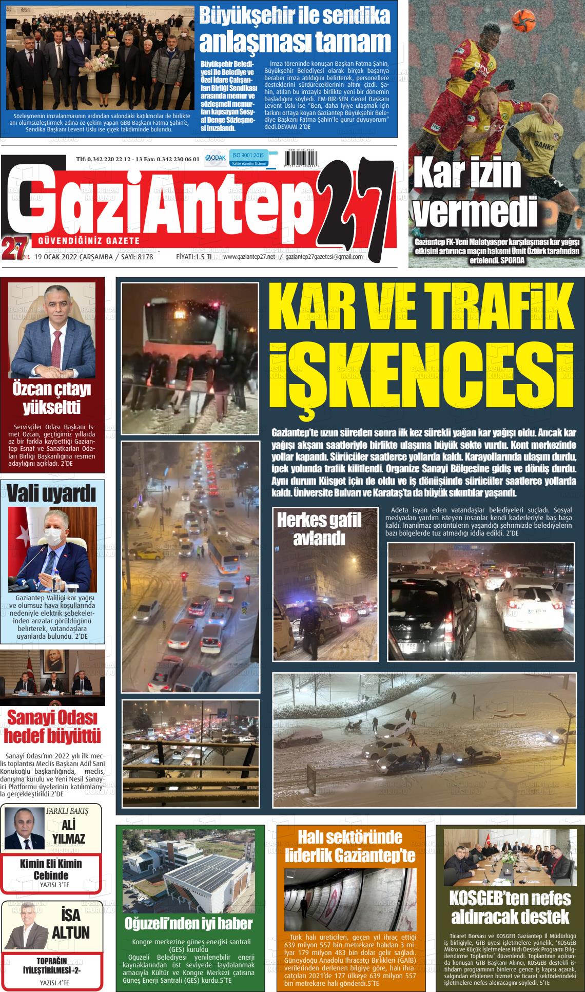 19 Ocak 2022 Gaziantep 27 Gazete Manşeti