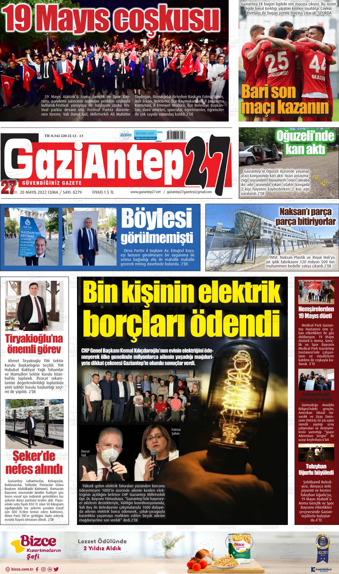 20 Mayıs 2022 Gaziantep 27 Gazete Manşeti