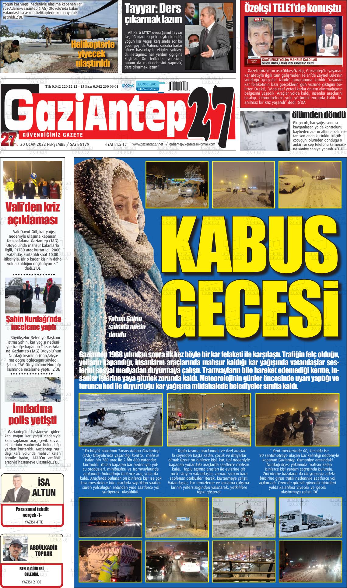 20 Ocak 2022 Gaziantep 27 Gazete Manşeti