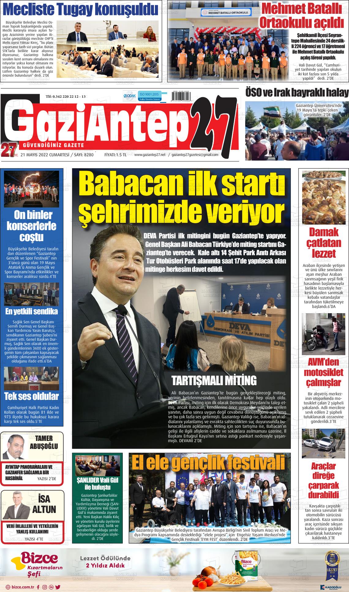 21 Mayıs 2022 Gaziantep 27 Gazete Manşeti