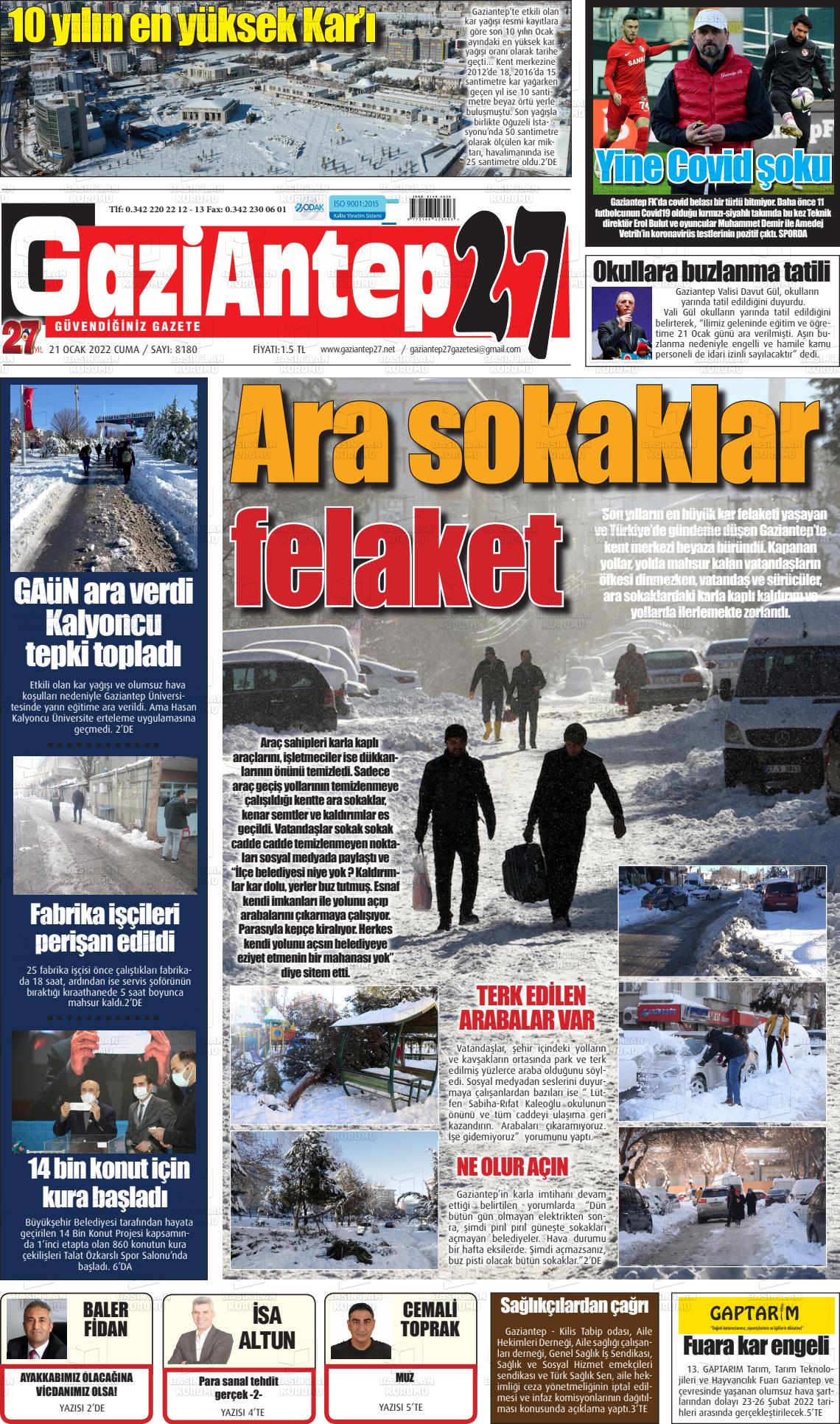 21 Ocak 2022 Gaziantep 27 Gazete Manşeti