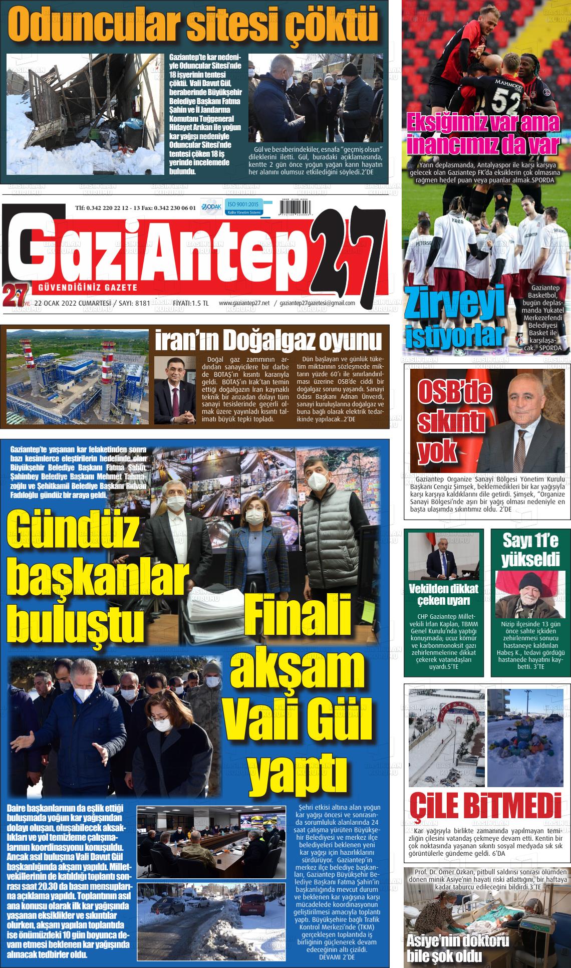 22 Ocak 2022 Gaziantep 27 Gazete Manşeti