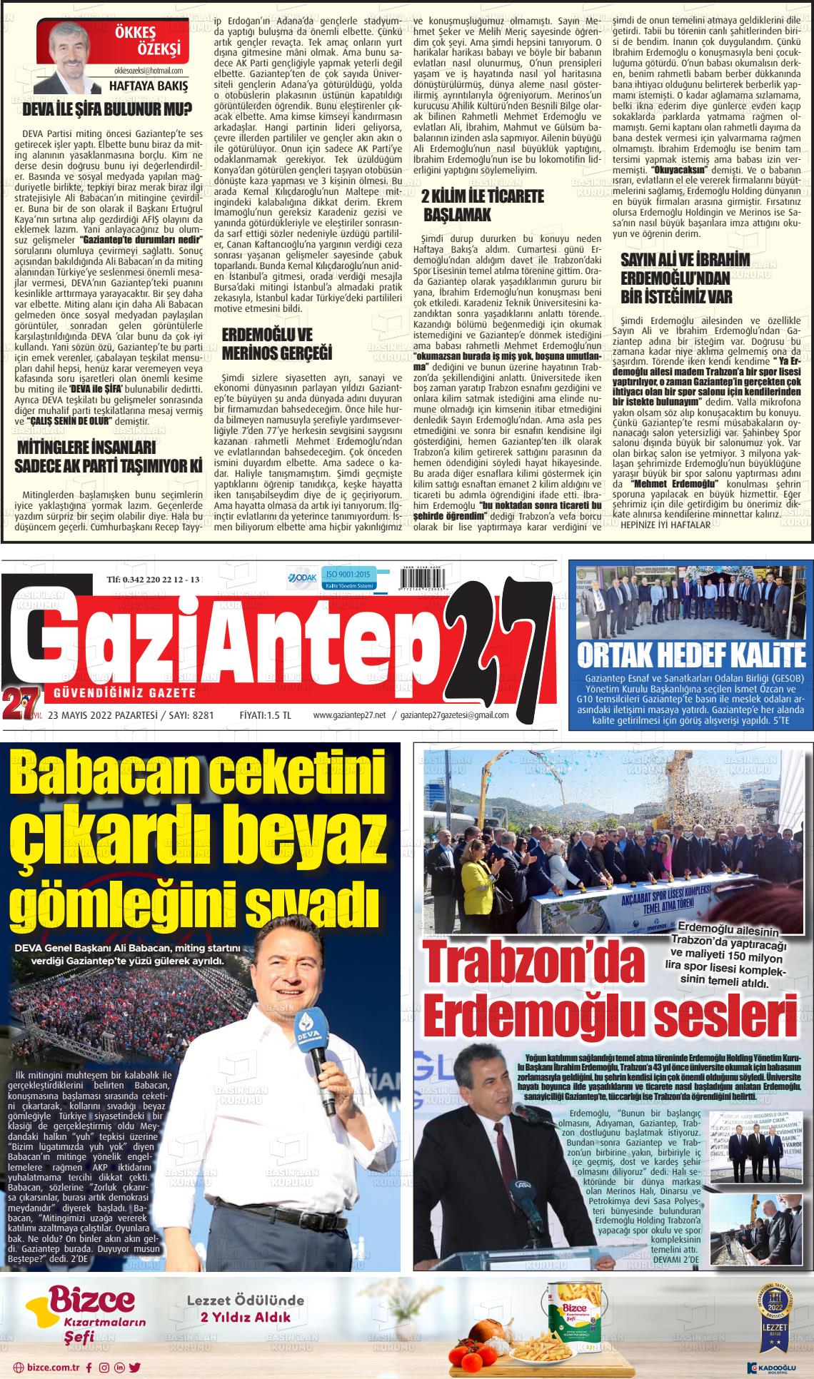 23 Mayıs 2022 Gaziantep 27 Gazete Manşeti