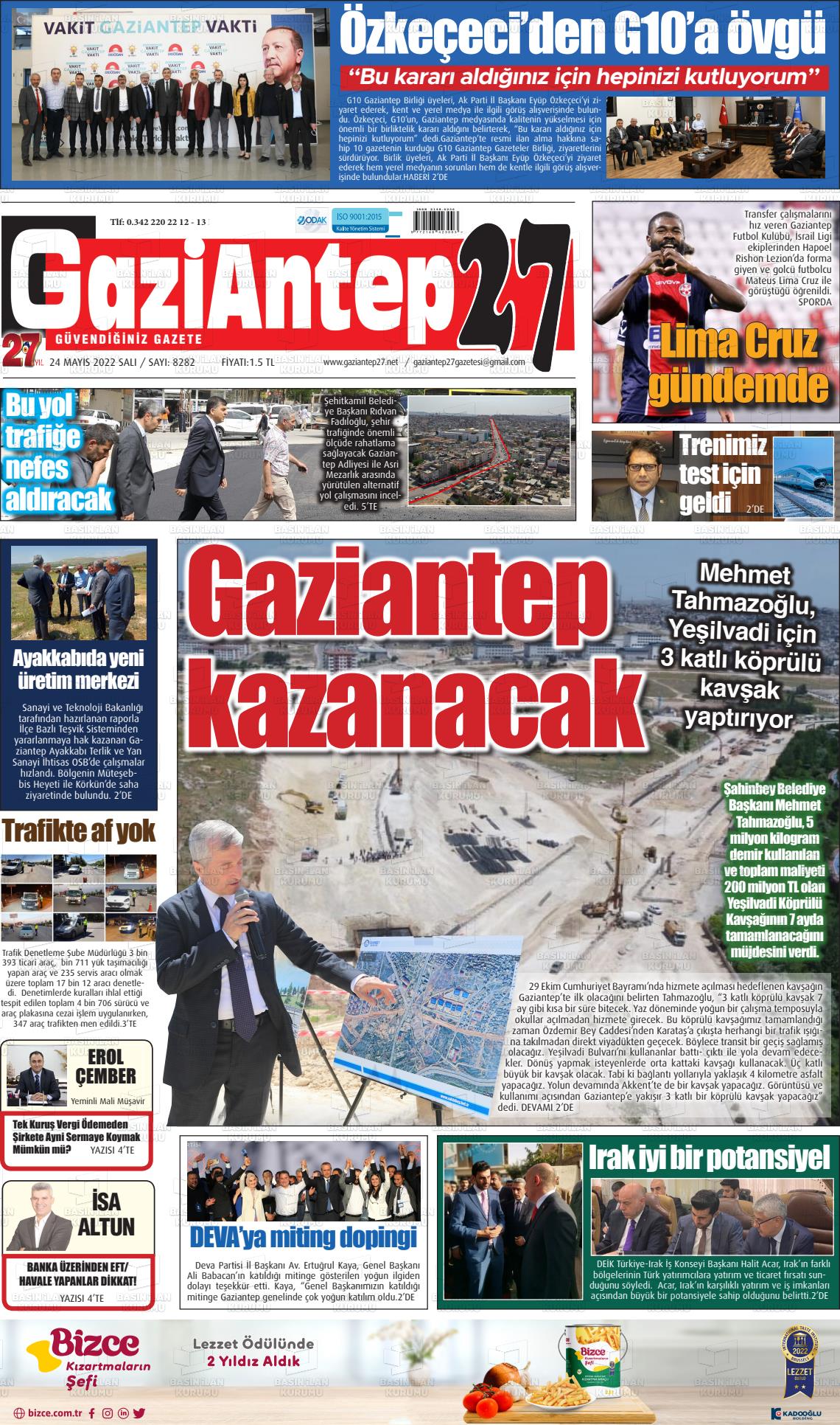 24 Mayıs 2022 Gaziantep 27 Gazete Manşeti