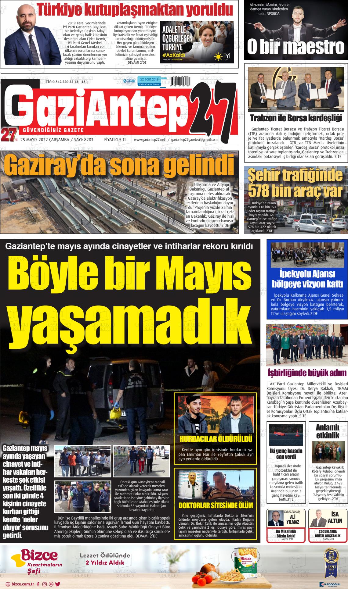 25 Mayıs 2022 Gaziantep 27 Gazete Manşeti