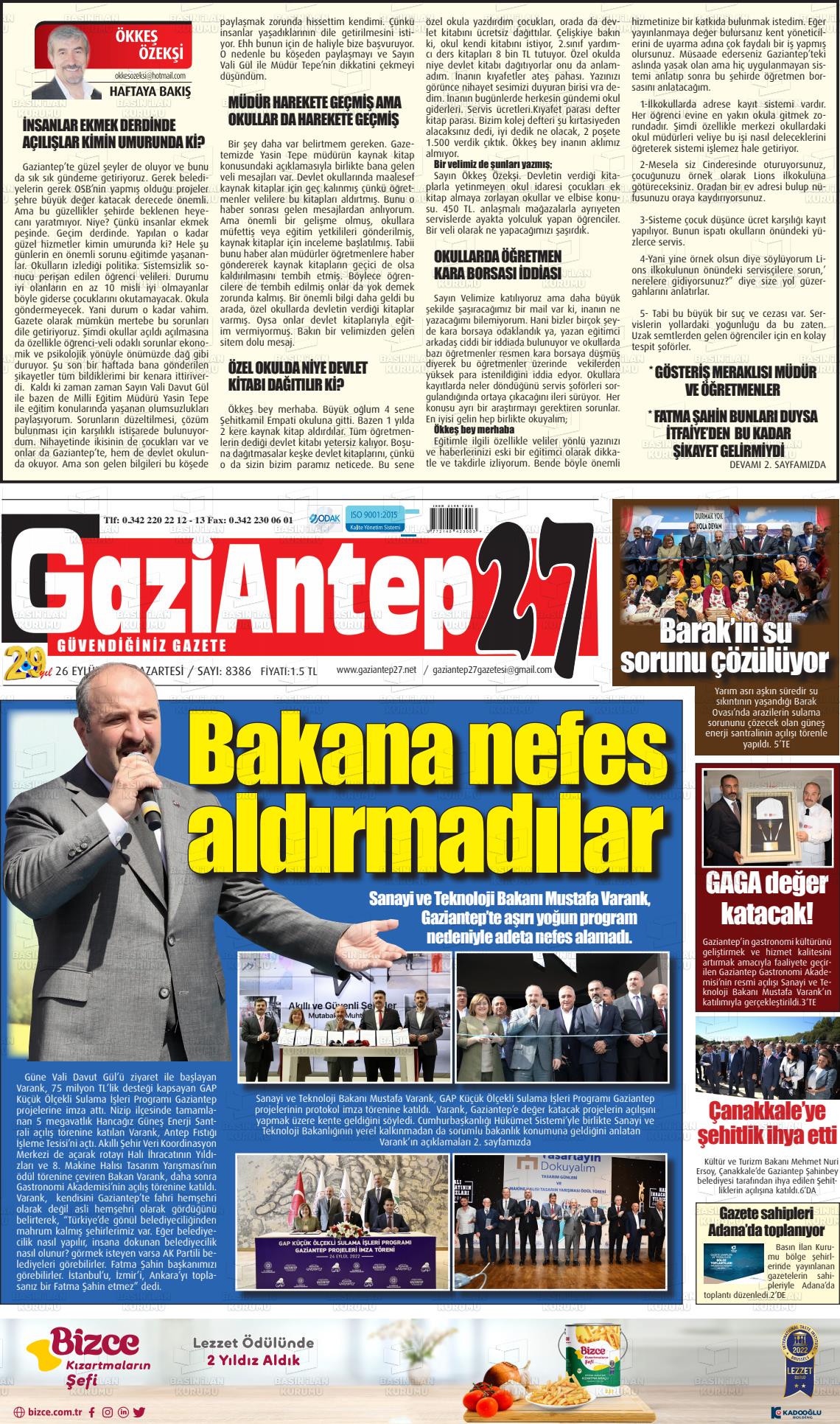 26 Eylül 2022 Gaziantep 27 Gazete Manşeti