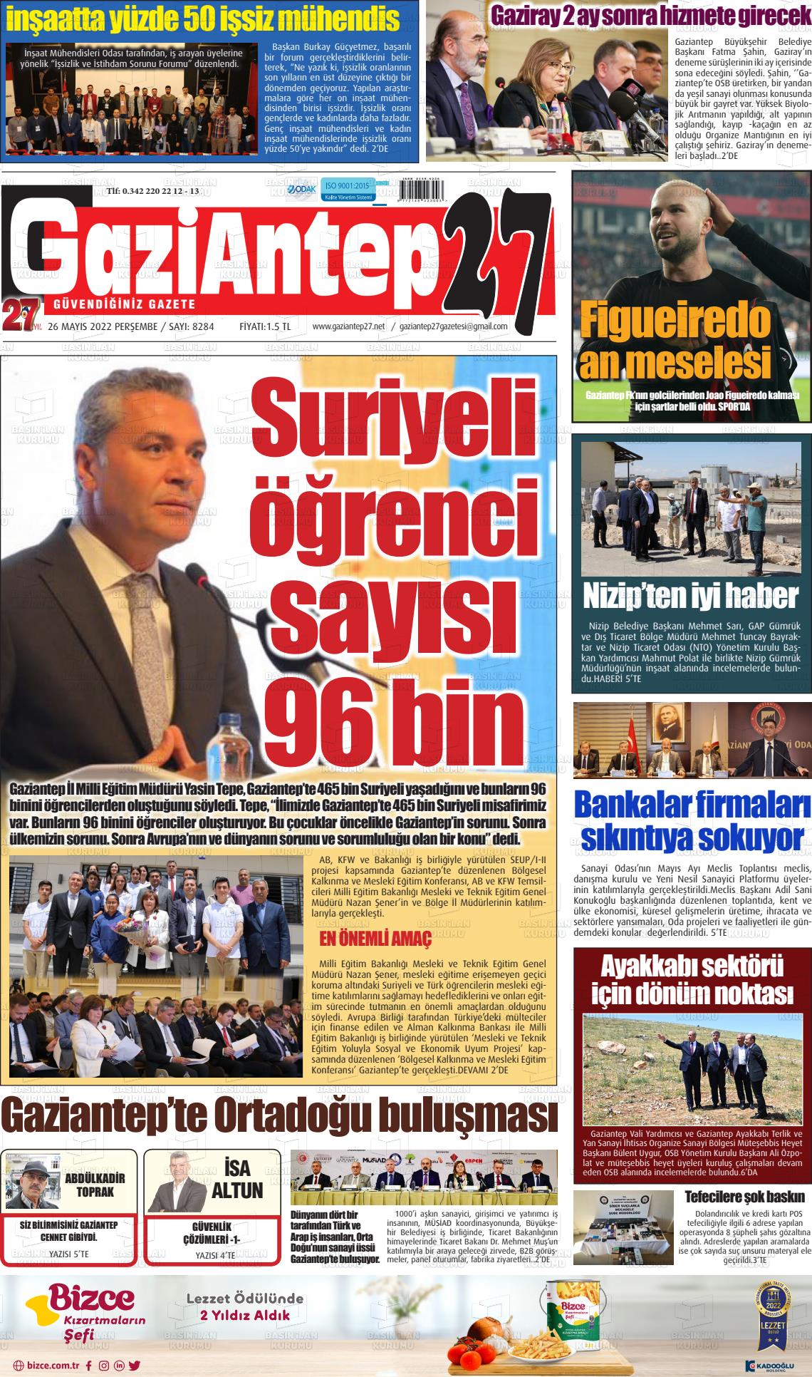 26 Mayıs 2022 Gaziantep 27 Gazete Manşeti