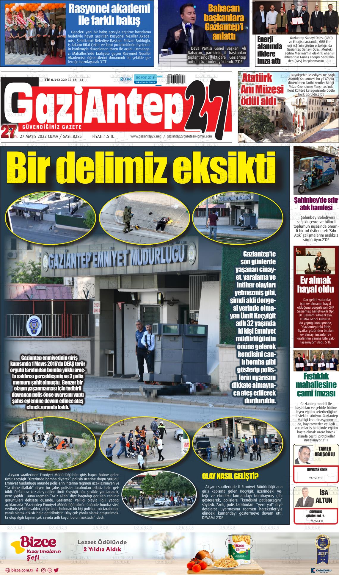 27 Mayıs 2022 Gaziantep 27 Gazete Manşeti