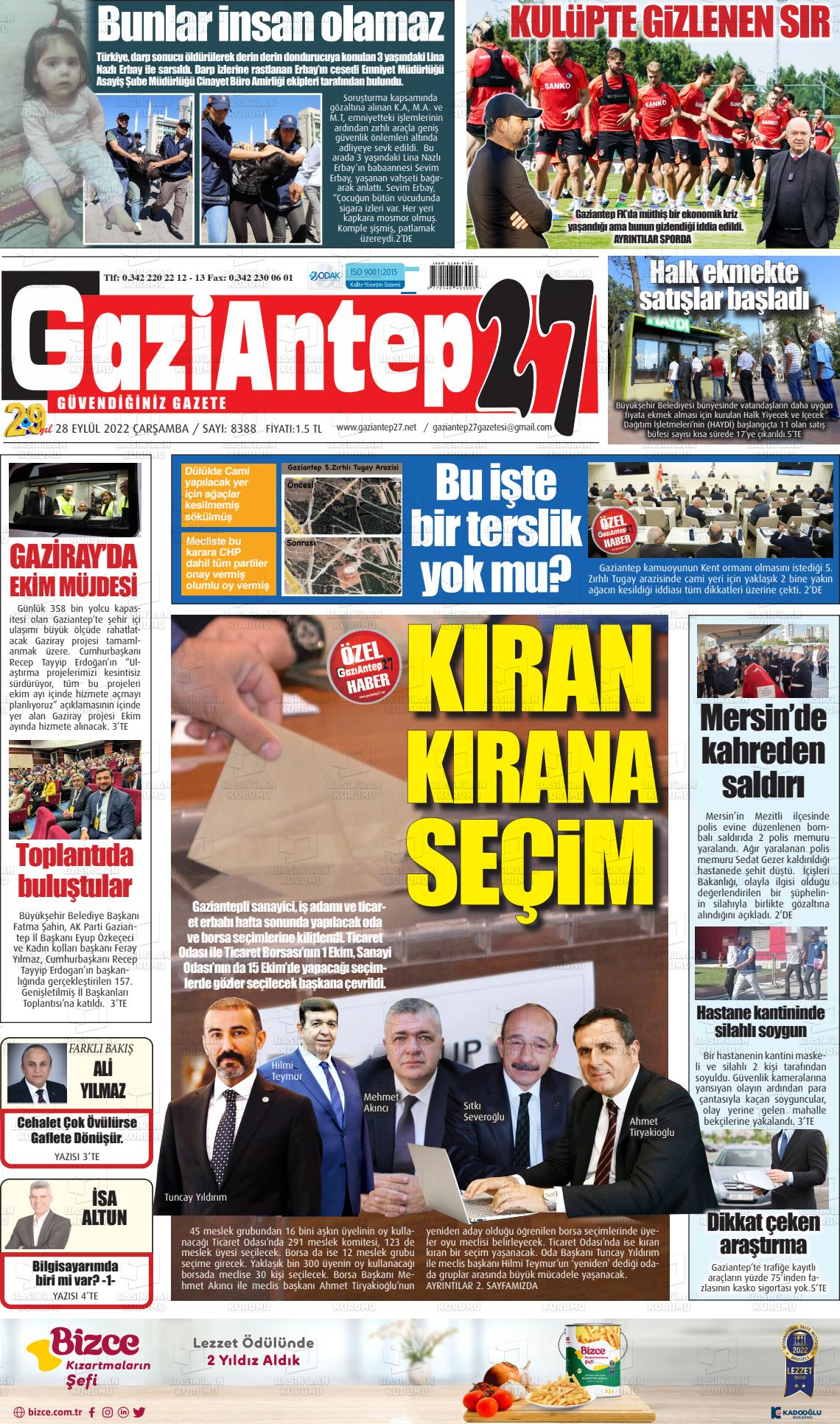 28 Eylül 2022 Gaziantep 27 Gazete Manşeti