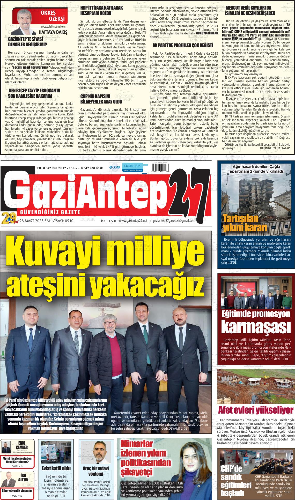28 Mart 2023 Gaziantep 27 Gazete Manşeti