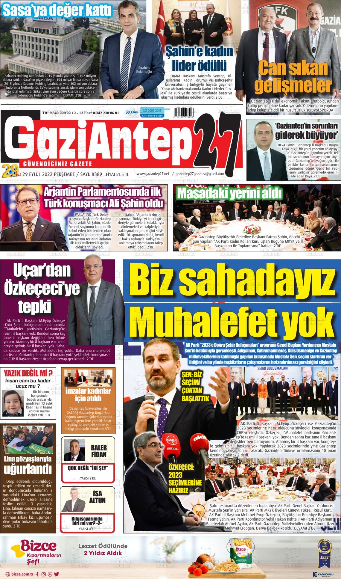 29 Eylül 2022 Gaziantep 27 Gazete Manşeti