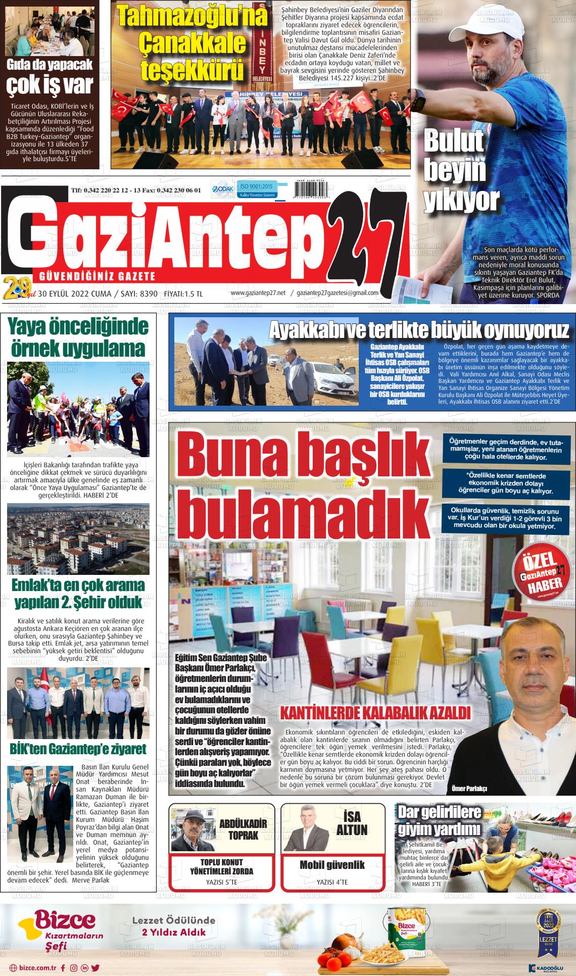 30 Eylül 2022 Gaziantep 27 Gazete Manşeti
