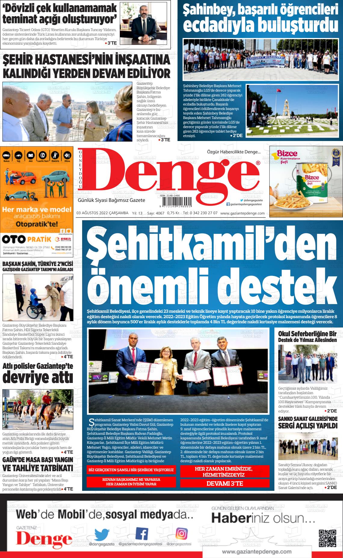 03 Ağustos 2022 Gaziantep Denge Gazete Manşeti