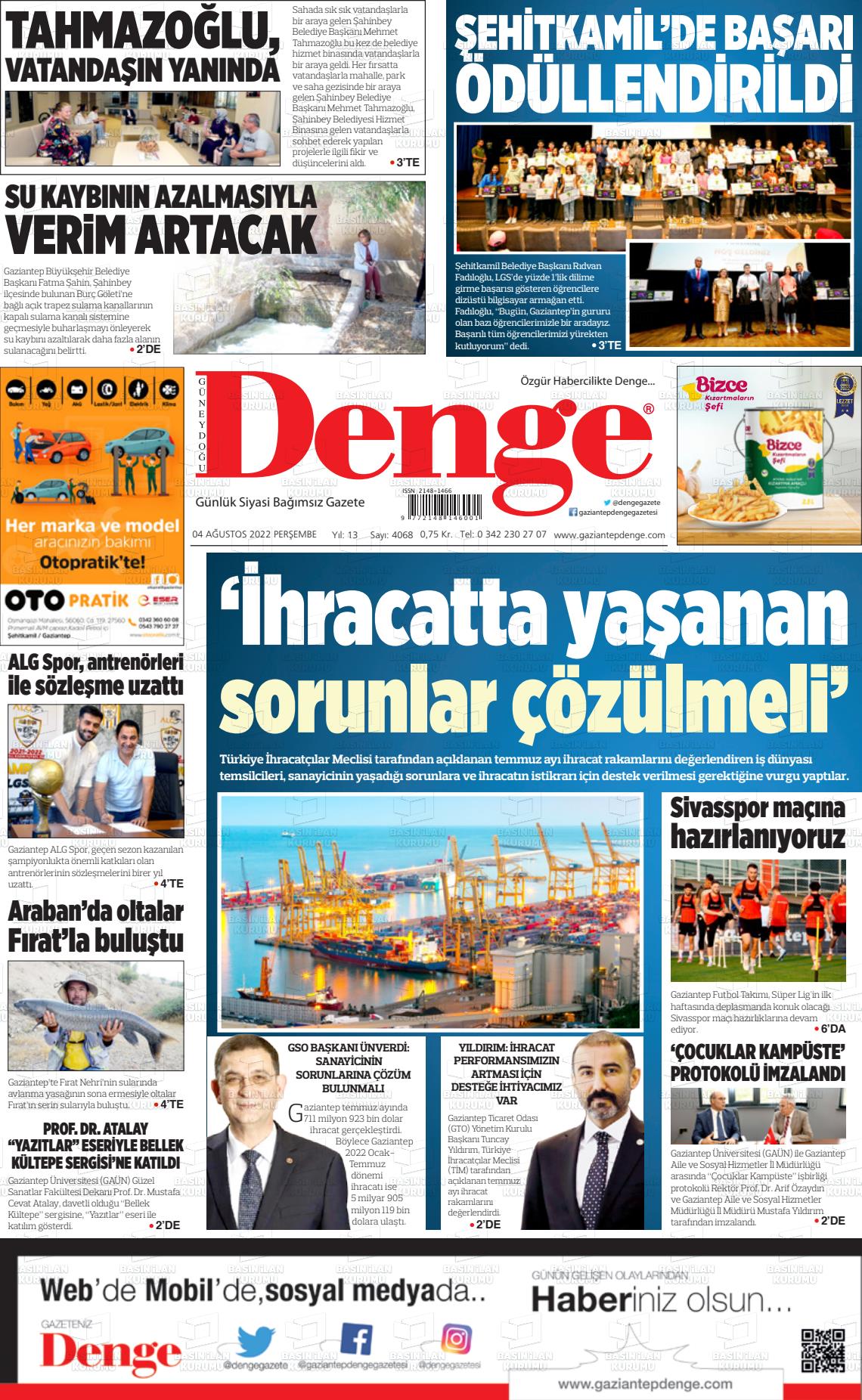 04 Ağustos 2022 Gaziantep Denge Gazete Manşeti