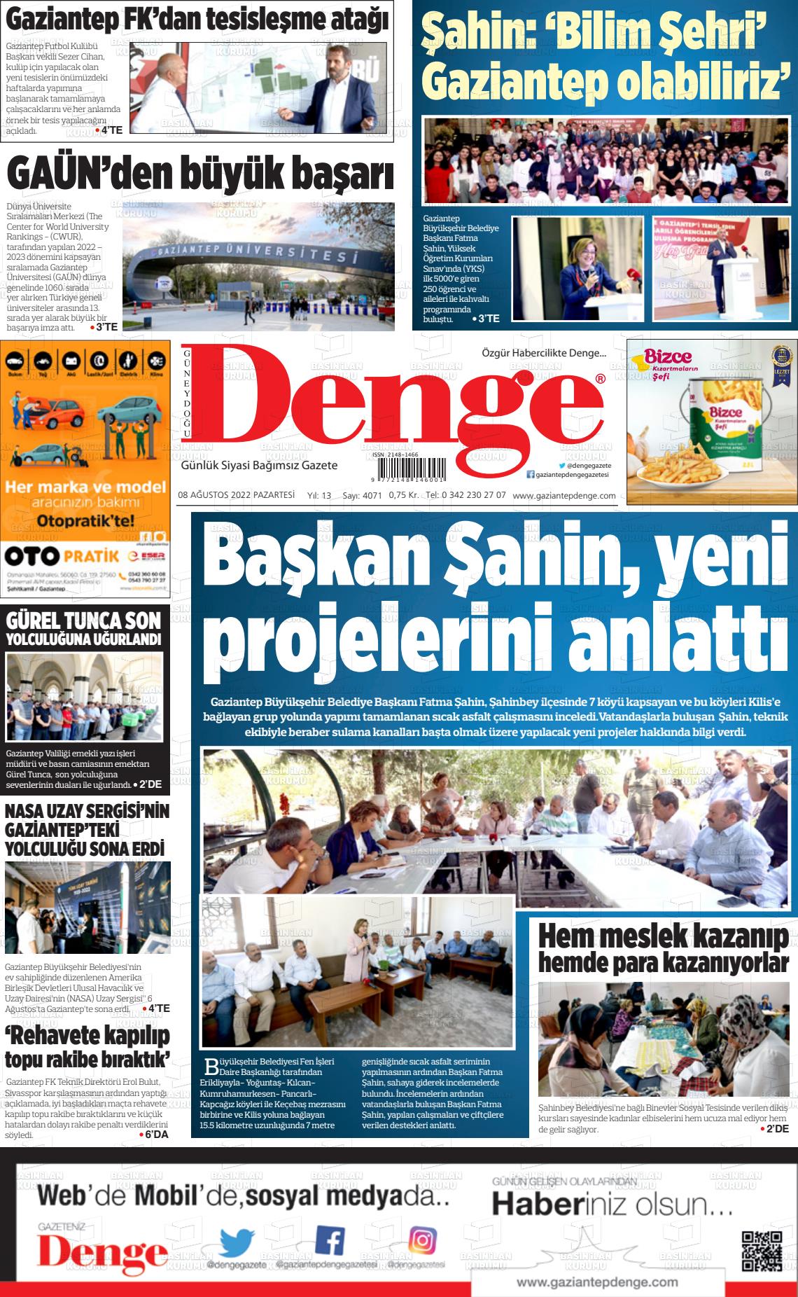 08 Ağustos 2022 Gaziantep Denge Gazete Manşeti