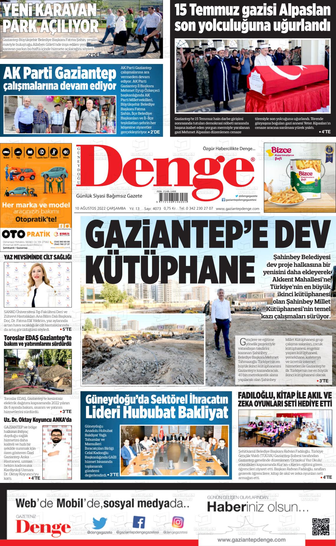 10 Ağustos 2022 Gaziantep Denge Gazete Manşeti
