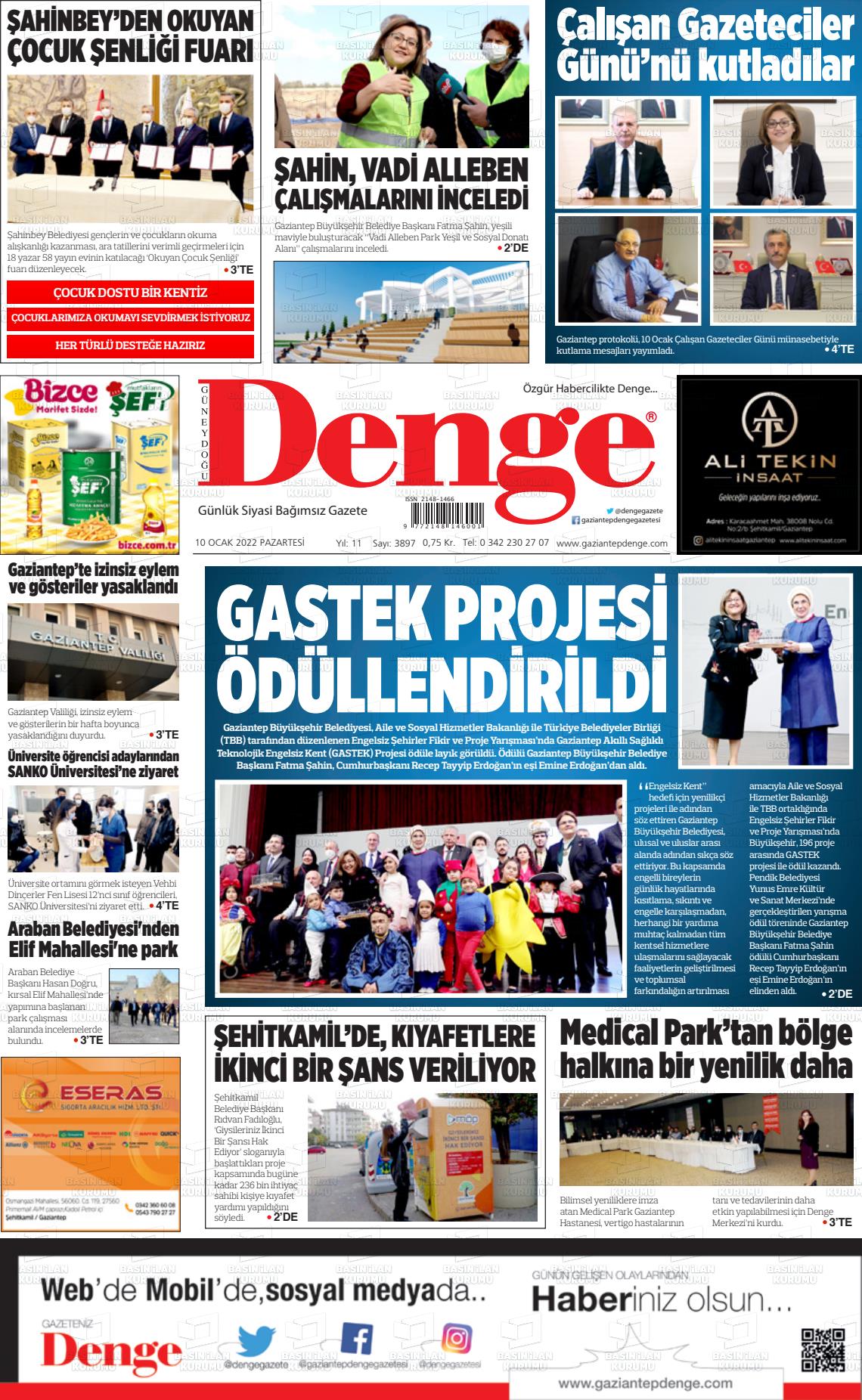 10 Ocak 2022 Gaziantep Denge Gazete Manşeti