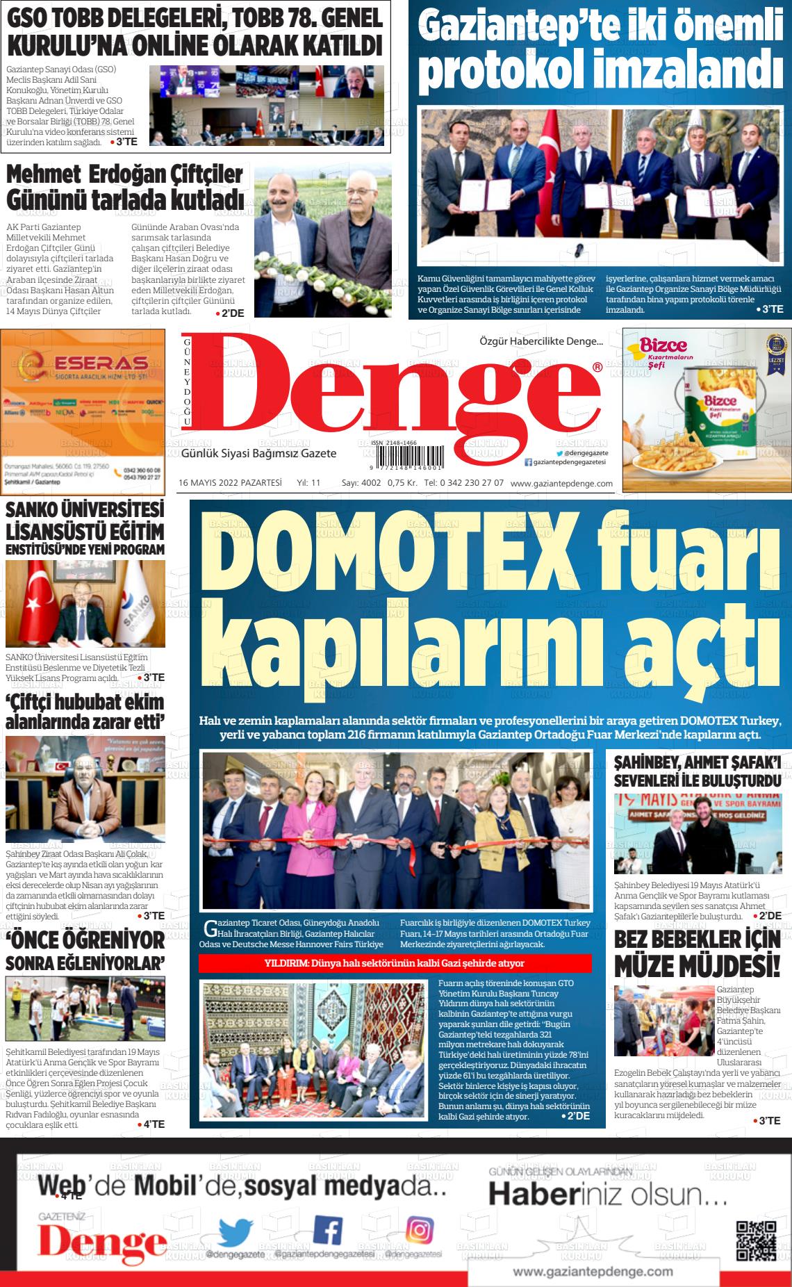 16 Mayıs 2022 Gaziantep Denge Gazete Manşeti