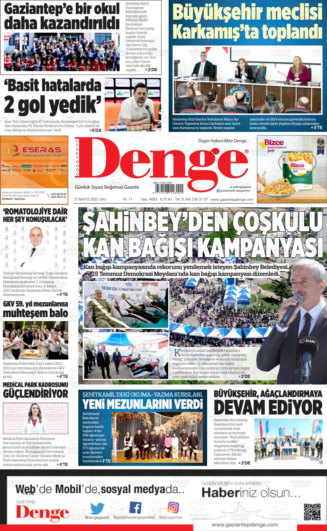 17 Mayıs 2022 Gaziantep Denge Gazete Manşeti