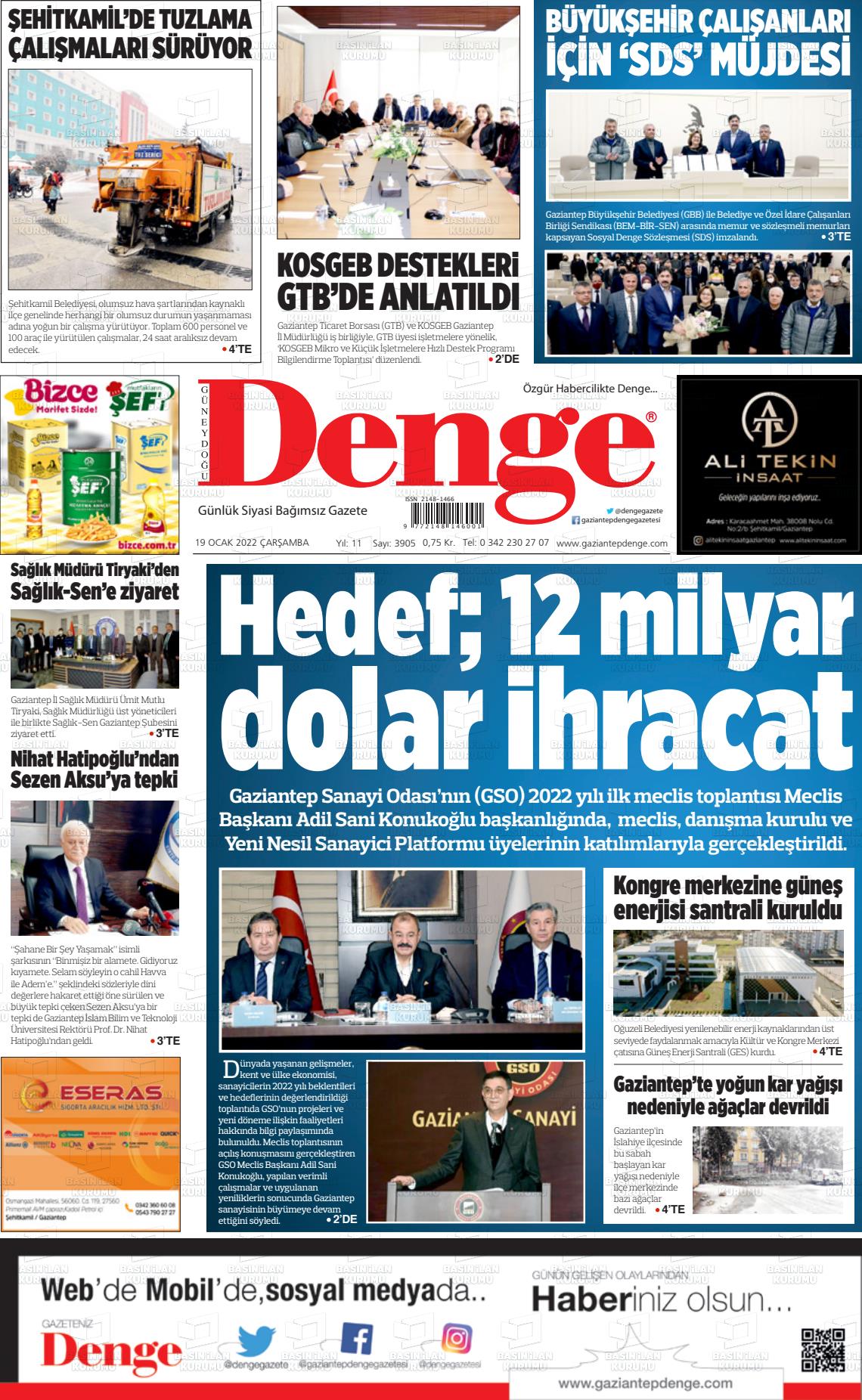19 Ocak 2022 Gaziantep Denge Gazete Manşeti