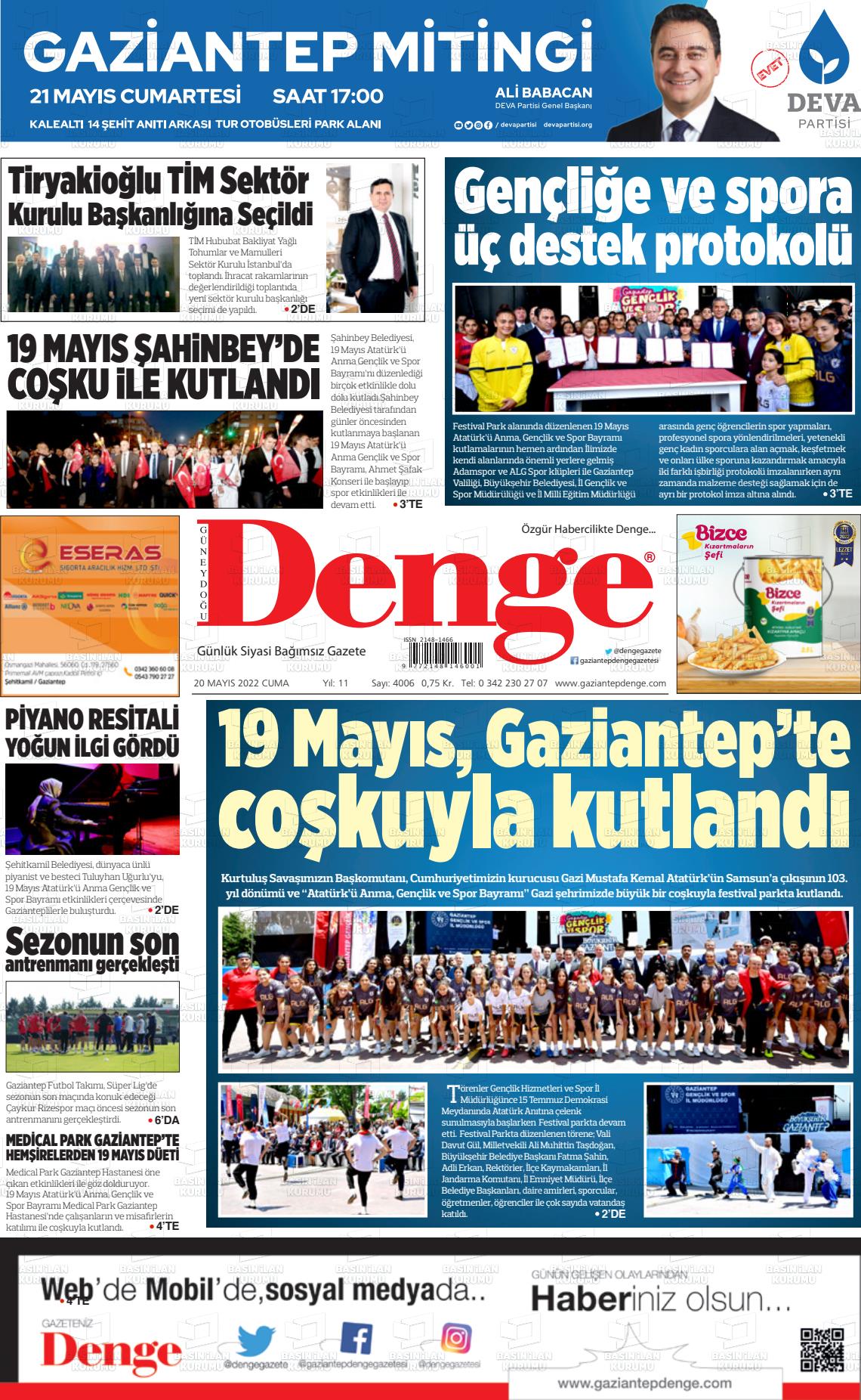 20 Mayıs 2022 Gaziantep Denge Gazete Manşeti