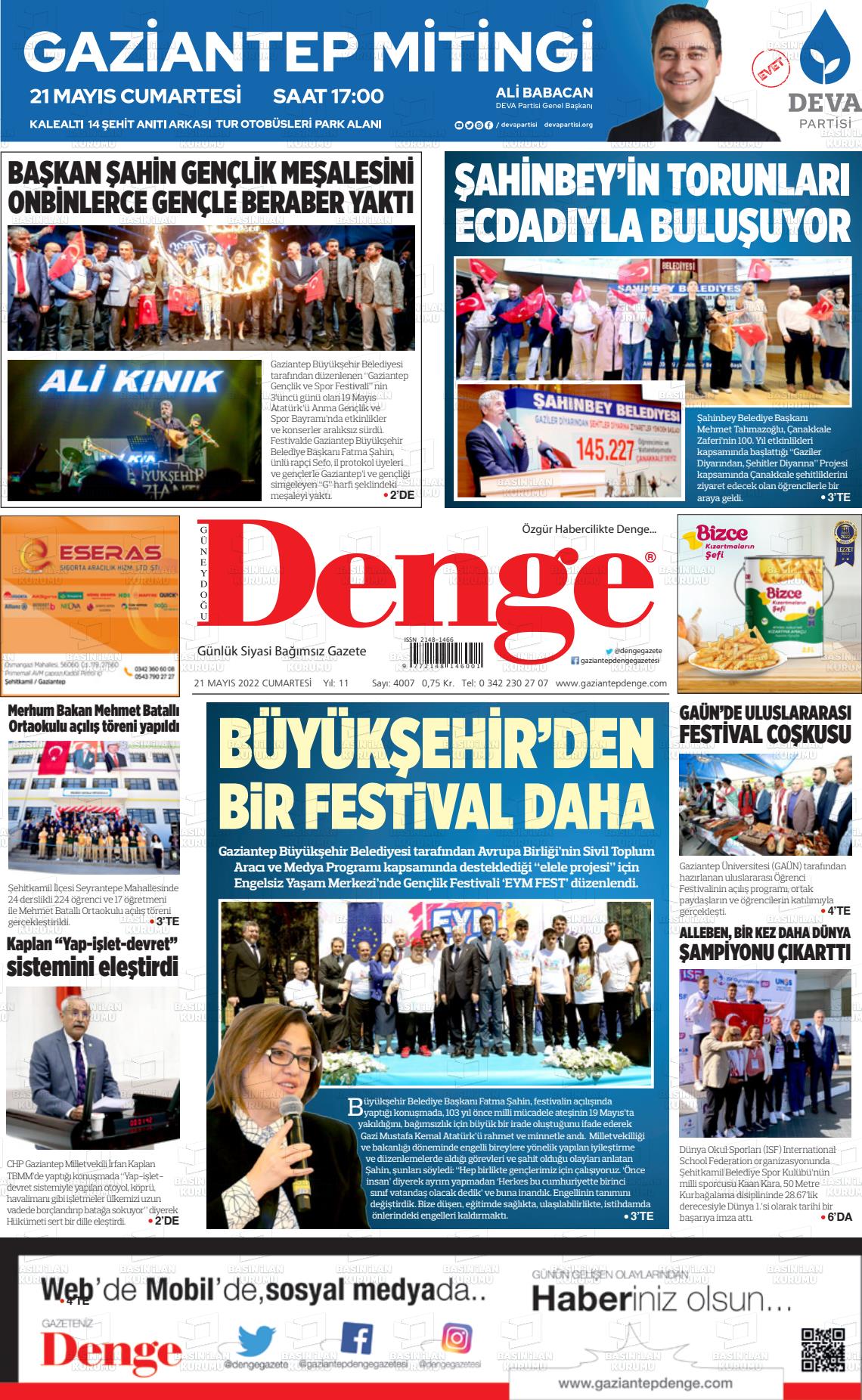21 Mayıs 2022 Gaziantep Denge Gazete Manşeti