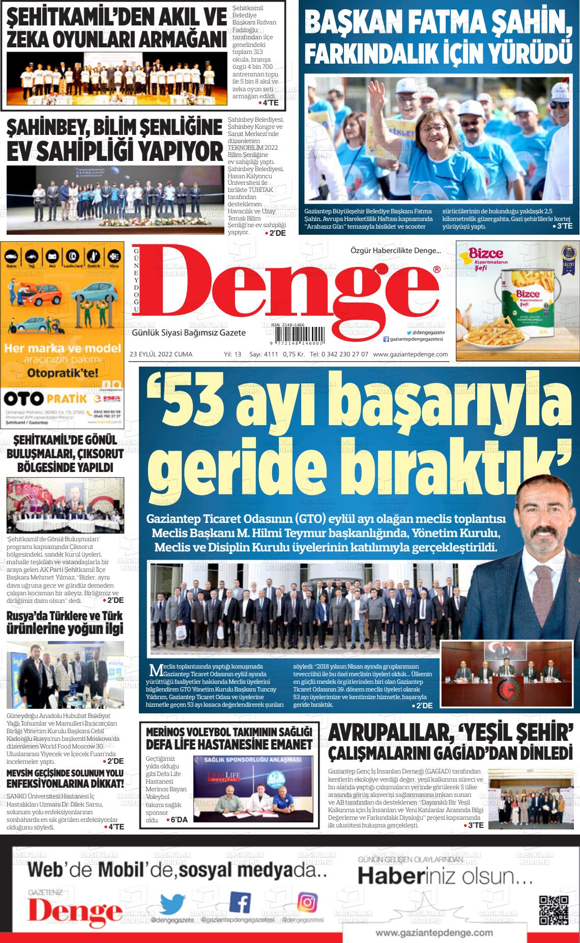 23 Eylül 2022 Gaziantep Denge Gazete Manşeti