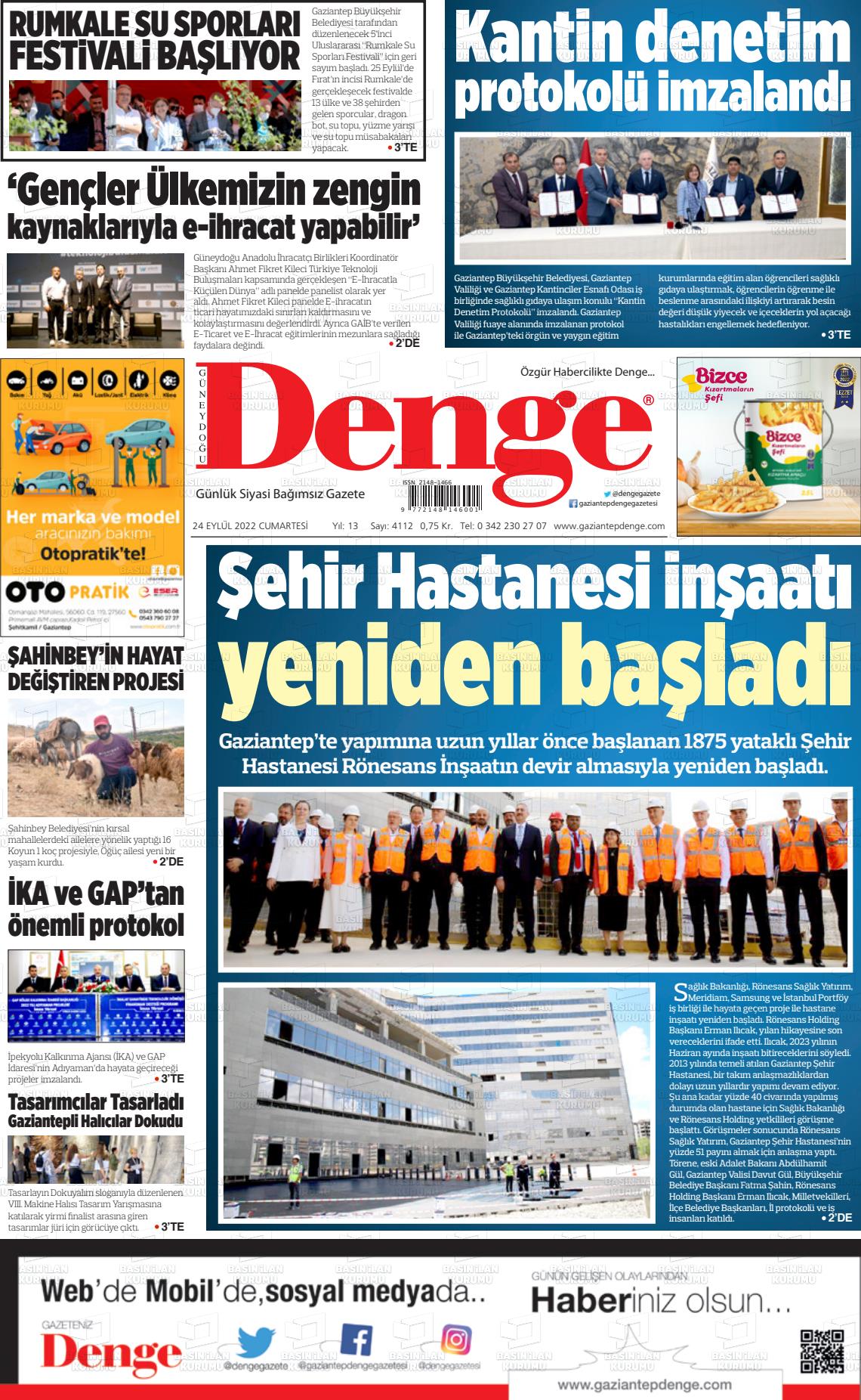 24 Eylül 2022 Gaziantep Denge Gazete Manşeti