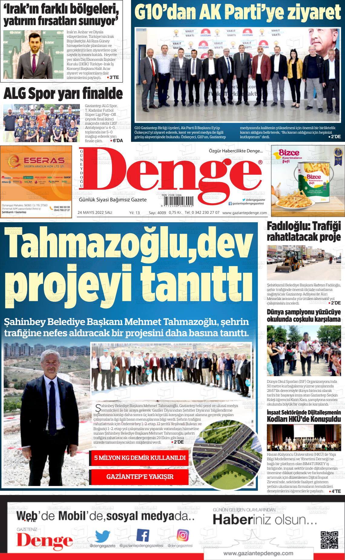24 Mayıs 2022 Gaziantep Denge Gazete Manşeti
