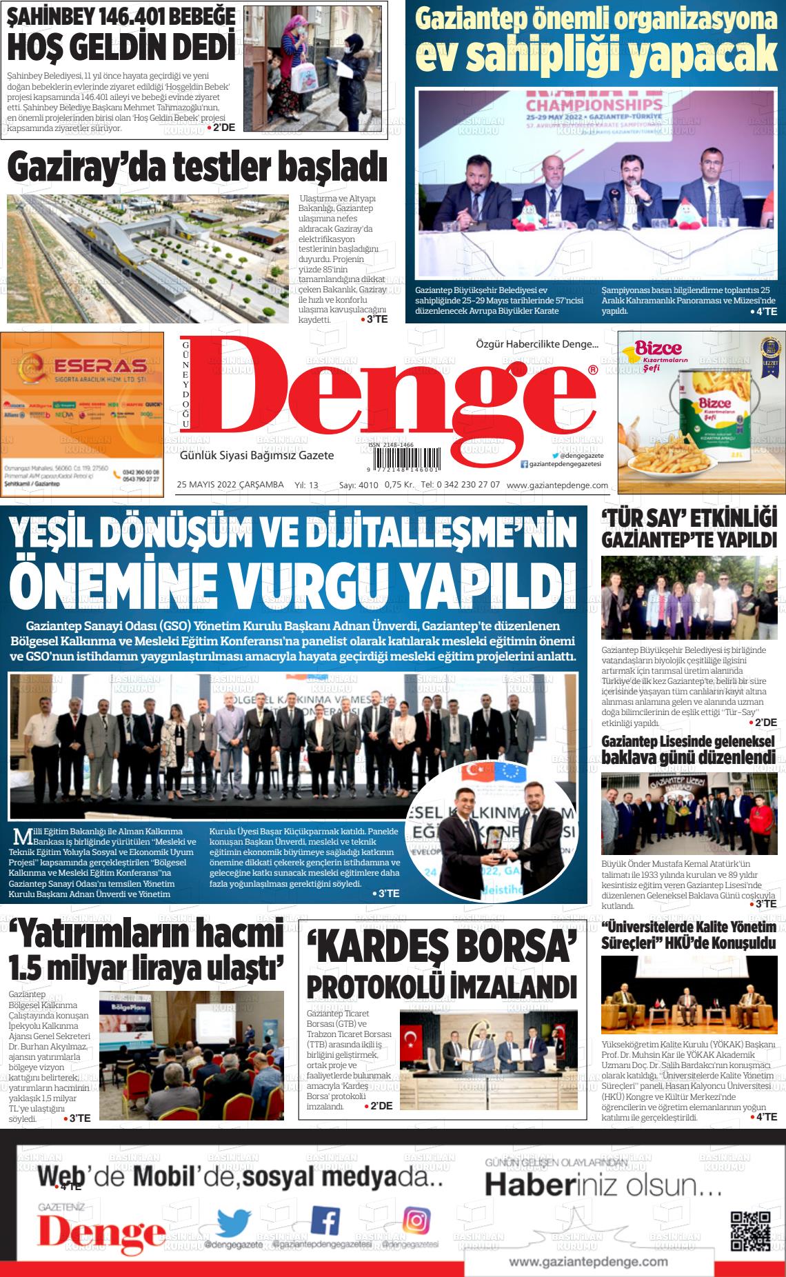 25 Mayıs 2022 Gaziantep Denge Gazete Manşeti