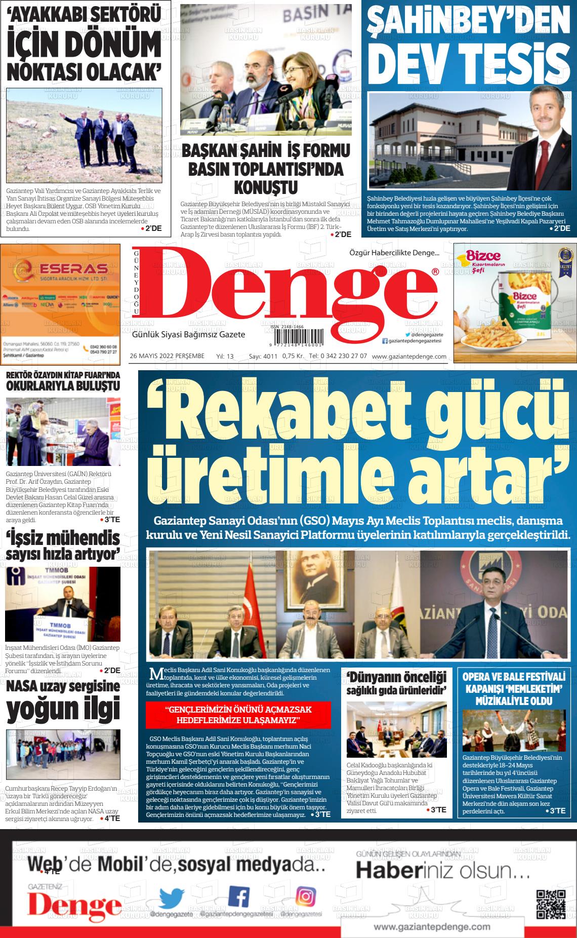 26 Mayıs 2022 Gaziantep Denge Gazete Manşeti