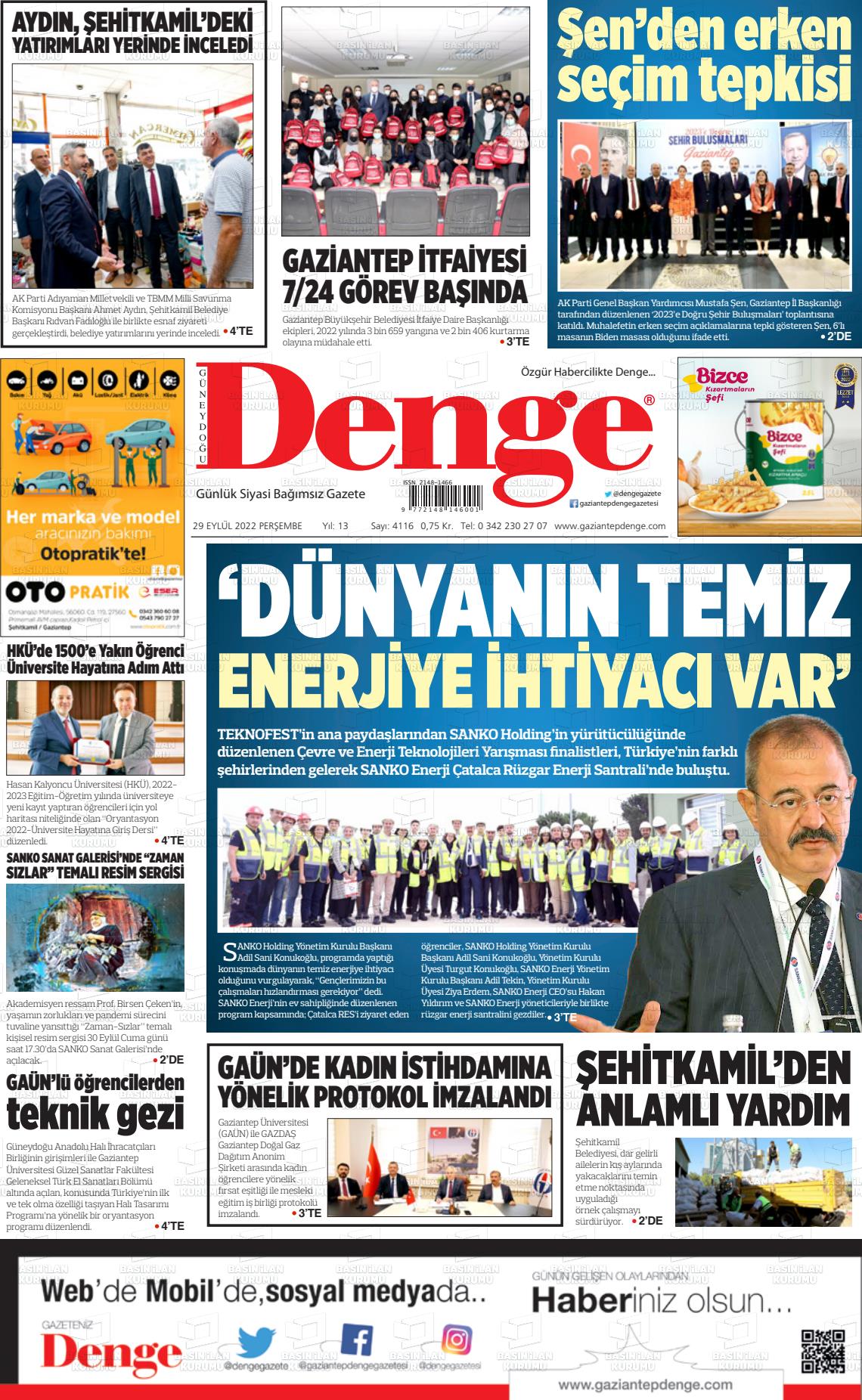 29 Eylül 2022 Gaziantep Denge Gazete Manşeti