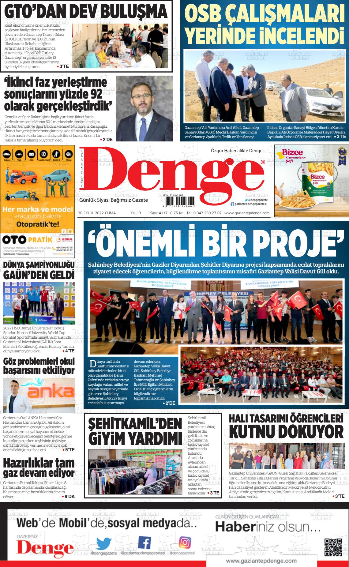 30 Eylül 2022 Gaziantep Denge Gazete Manşeti