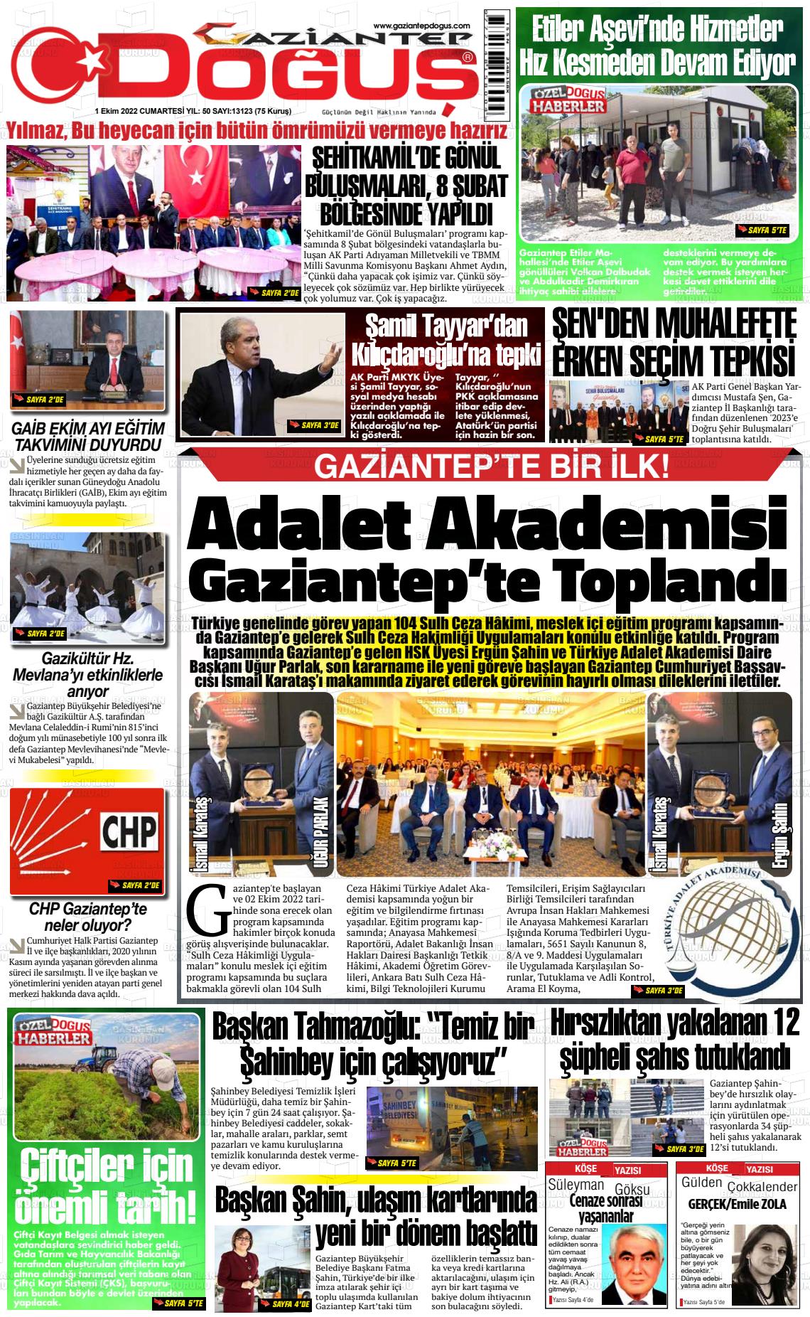 01 Ekim 2022 Gaziantep Doğuş Gazete Manşeti