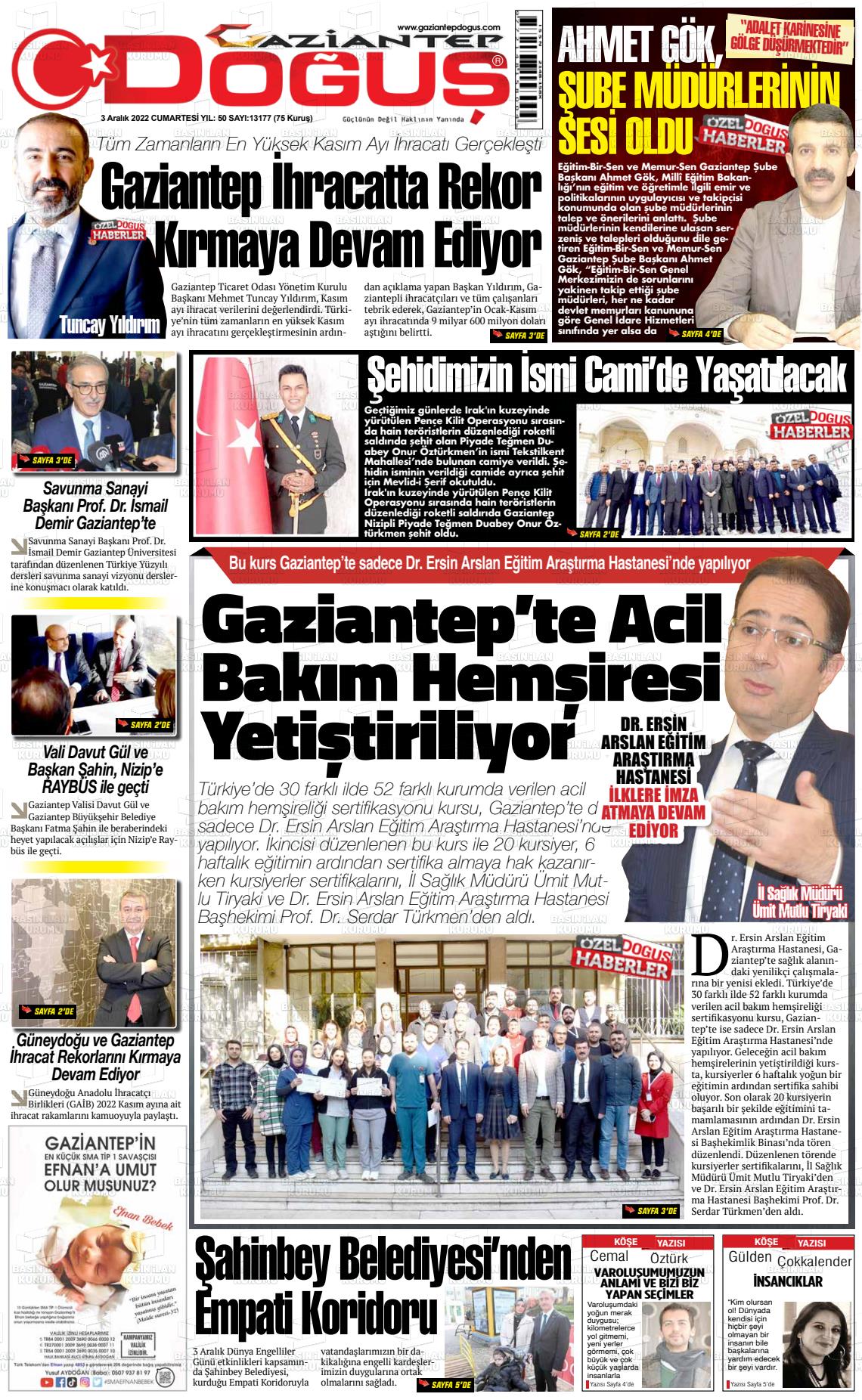 03 Aralık 2022 Gaziantep Doğuş Gazete Manşeti